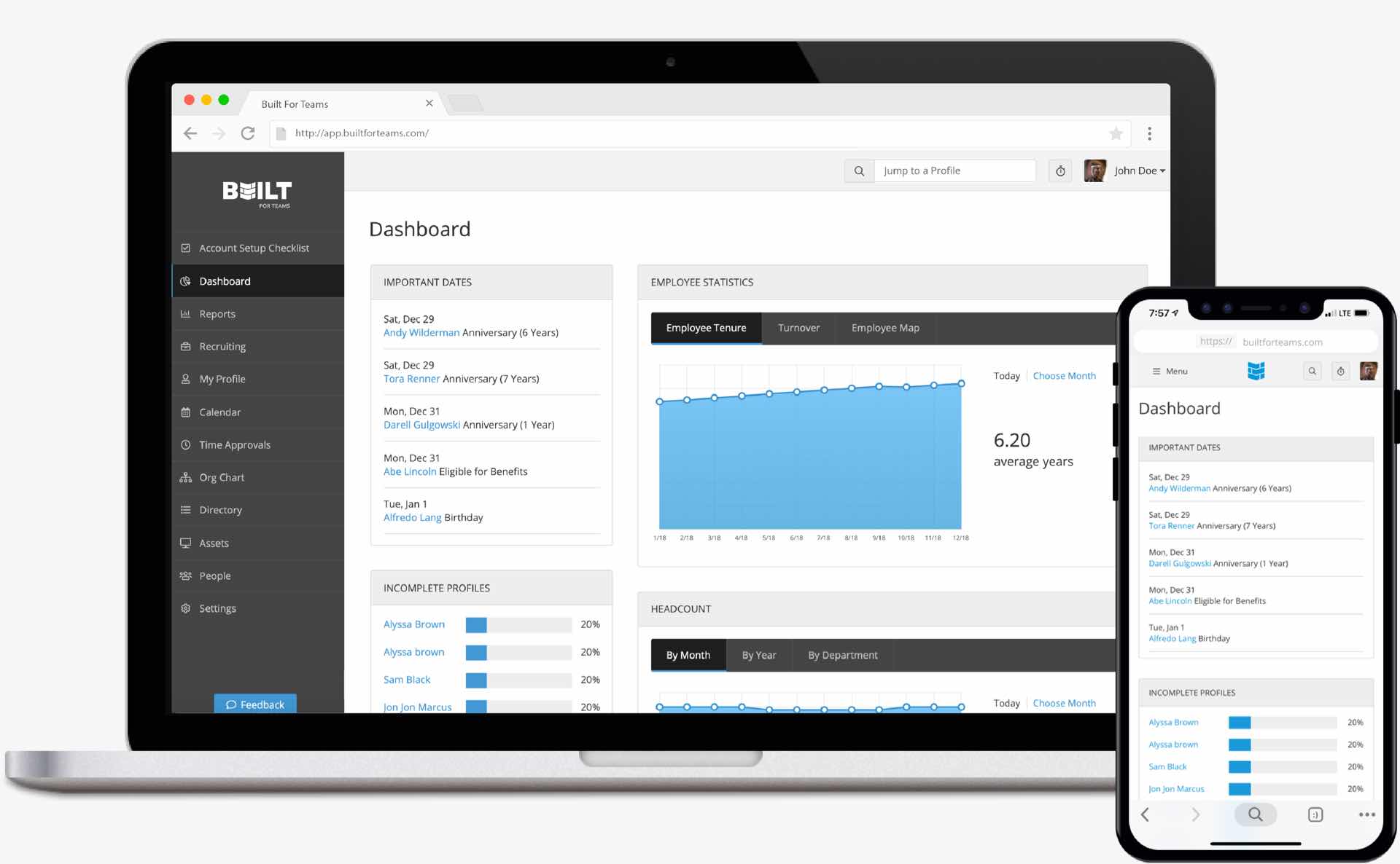 The Built for Teams software displayed in a laptop and mobile phone.